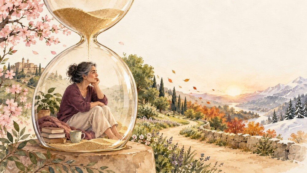 Ilustración de una mujer dentro de un reloj de arena, esperando, mientras un camino se abre hacia el horizonte